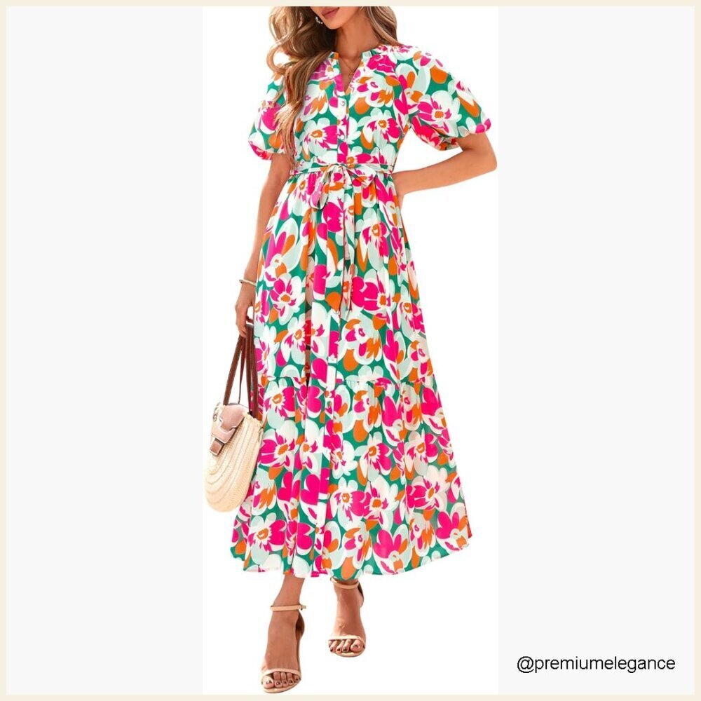 Maxi Dress with Pockets V-Neck Short Sleeve Button Down Self-Tie Belt Flowy